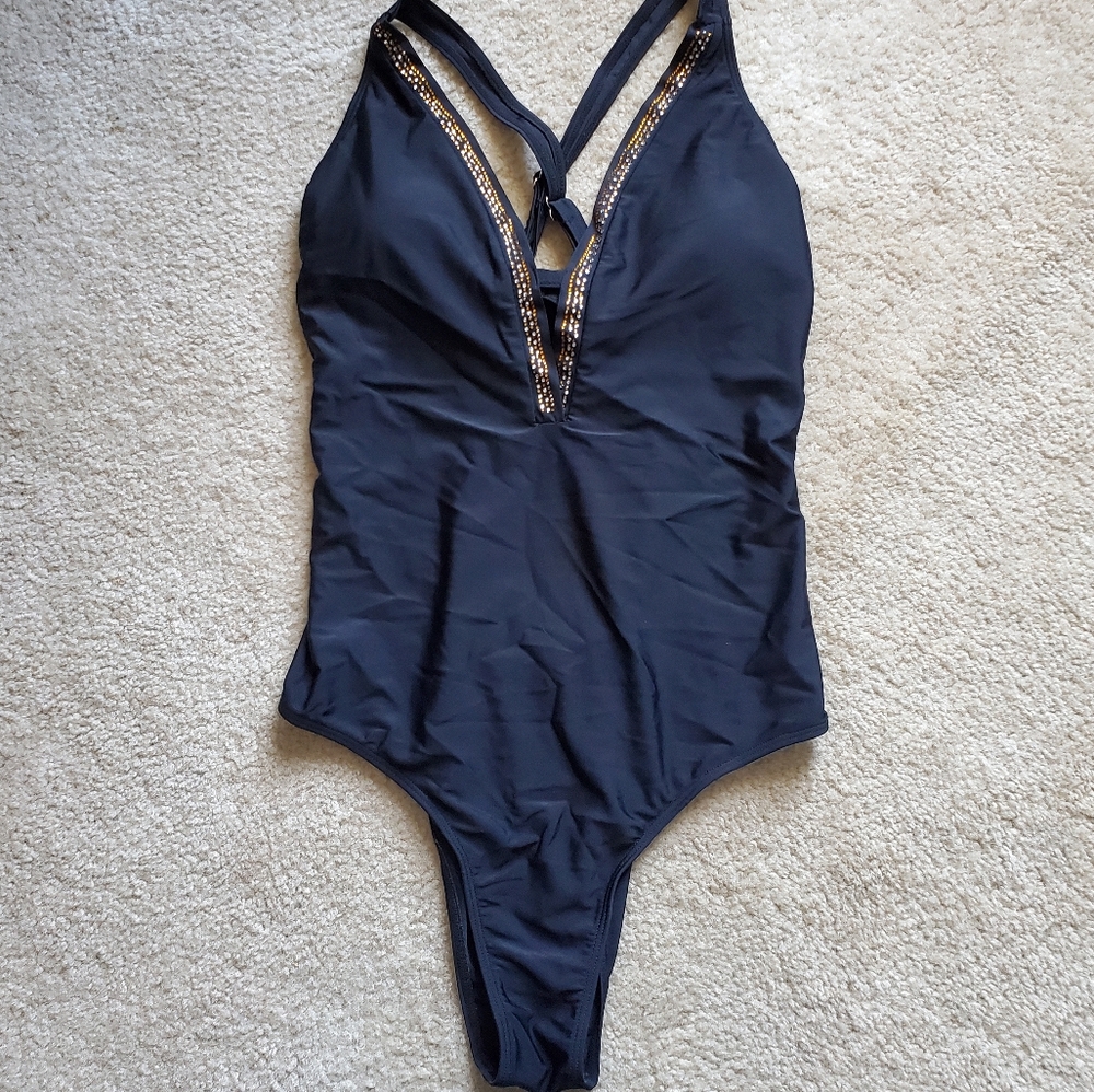 Black bejeweled one-piece bathing suit deep v-neck halter top white gold XL